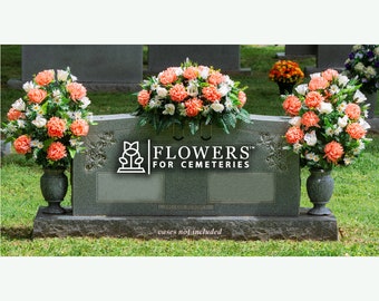 Peach Mum and White Roses Cemetery Saddle and Flower Set - Cemetery Flowers for Headstone and Vase