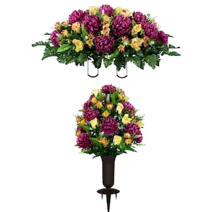 Plum Mum and Cream Pink Rose Cemetery Saddle and Flower Set with Vase - Summer Cemetery Flowers and Vase