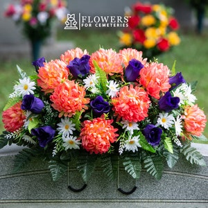 Pink Salmon Mum with Purple Rose and White Daisy Cemetery Saddle - Mothers Day Cemetery Flower Arrangement for Grave - Headstone Saddle