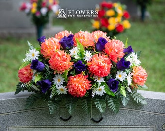 Pink Salmon Mum with Purple Rose and White Daisy Cemetery Saddle - Mothers Day Cemetery Flower Arrangement for Grave - Headstone Saddle