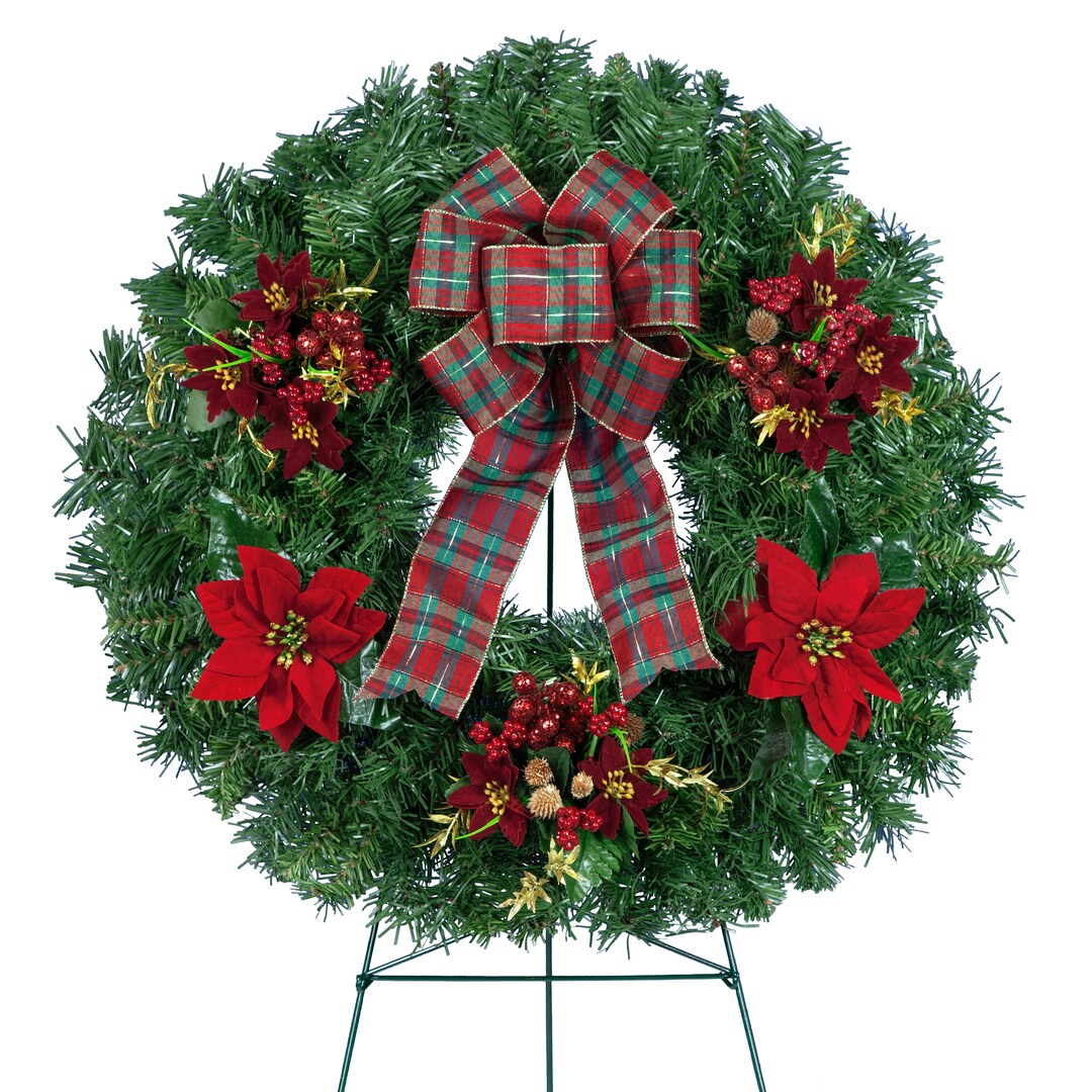 Poinsettia Decorations and Plaid Bow Christmas Wreath on Easel ...