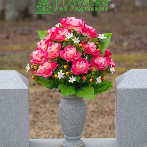 Flores artificiales de rosas rosadas para jarrón de cementerio - Arreglo de jarrón de cementerio de rosas de diamante rosa - Flor de cementerio del Día de la Madre (MD2750)
