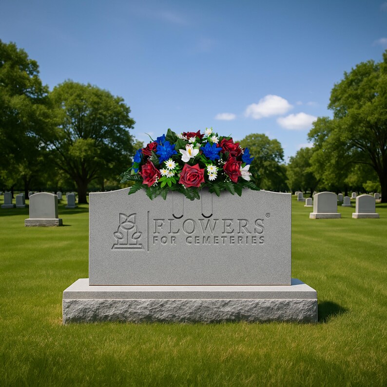 Red White and Blue Artificial Cemetery Saddle for Headstone - Patriotic ...