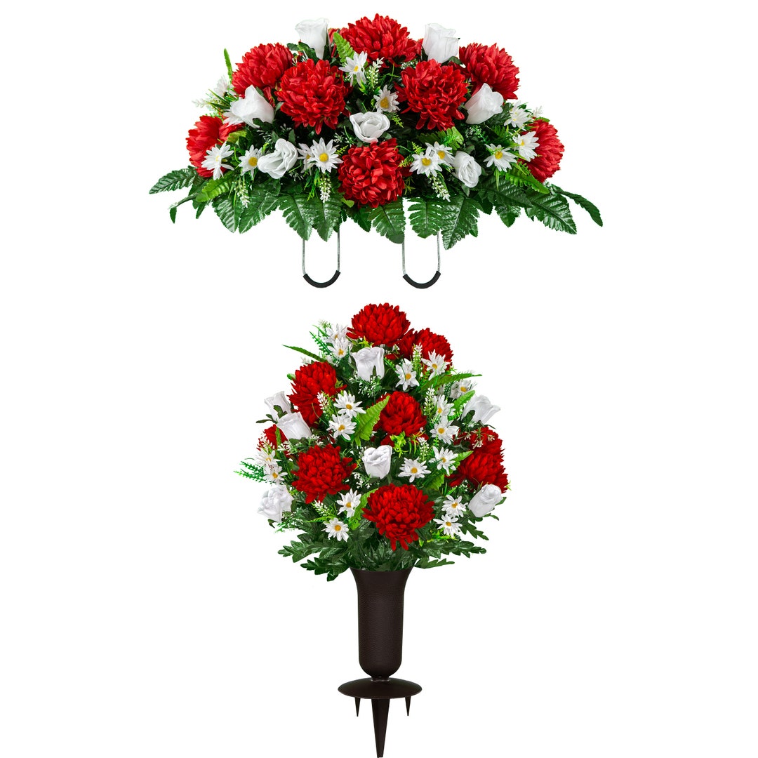 Red and White Cemetery Saddle and Flower Set With Vase Included