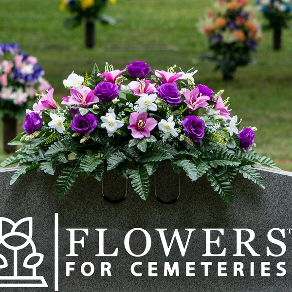 Purple Rose and Lavender Alstroemeria Cemetery Saddle - Artificial Cemetery Headstone Saddle - Mothers Day Silk Cemetery Flowers