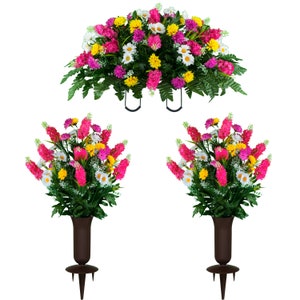 Pink Yellow and White Wildflower Cemetery Saddle and Matching Arrangements with Vases - Mothers Day Artificial Flowers
