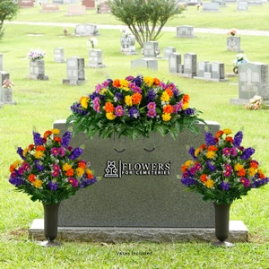 Spring Wildflower Cemetery Saddle and Matching Arrangements with Vases - Artificial Cemetery Flower Set- (1-SD2374_2-MD2320_2-VA2850)