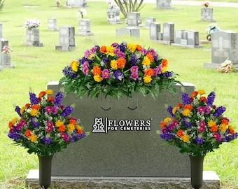 Spring Wildflower Cemetery Saddle and Matching Arrangements with Vases - Artificial Cemetery Flower Set- (1-SD2374_2-MD2320_2-VA2850)