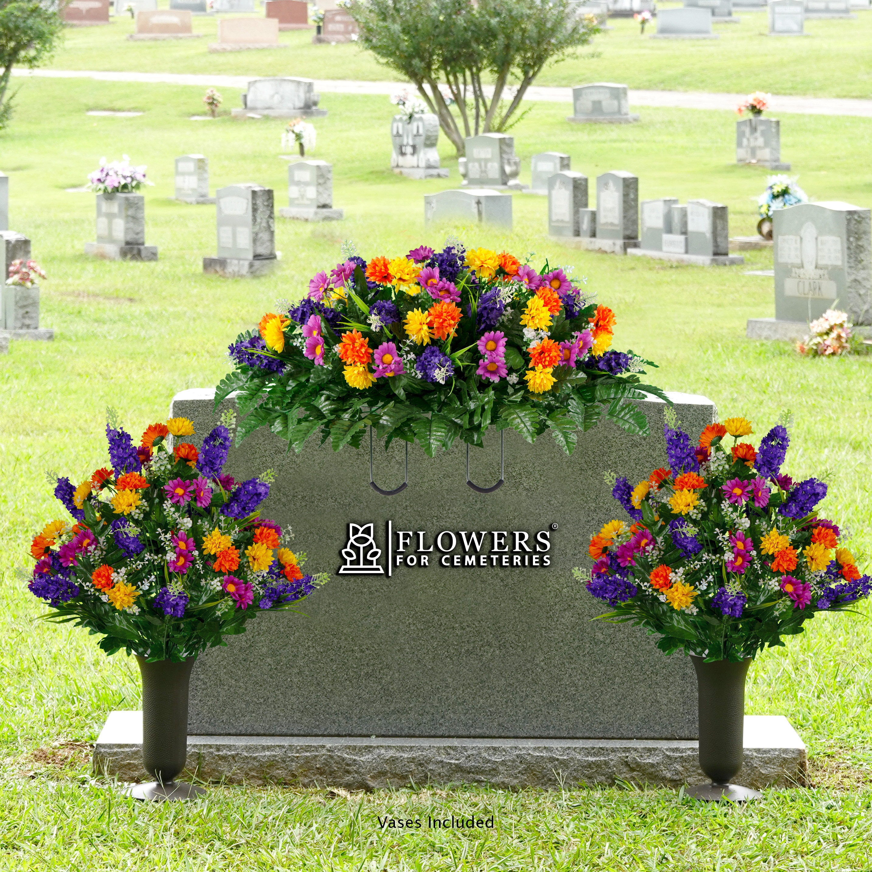 Cemetery Headstone Saddles, 2 Pack - Adjustable Gravestone Flower Holders For Stones 3 To 8 Inches Wide, Wind-Resistant