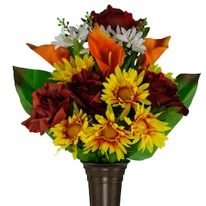 Burgundy and Orange Fall Mausoleum Arrangement for Vase - Cemetery Flowers for Mausoleum Vase - Crypt Flower Arrangement with Flat Back