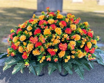 Sunset Orange Mum Cemetery Saddle -Orange and Yellow Mum Arrangement for Headstone - Artificial Cemetery Flowers (SD2827)