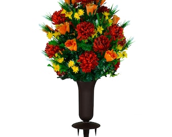 Burgundy Mum & Orange Rose Cemetery Flowers with Spiked Vase