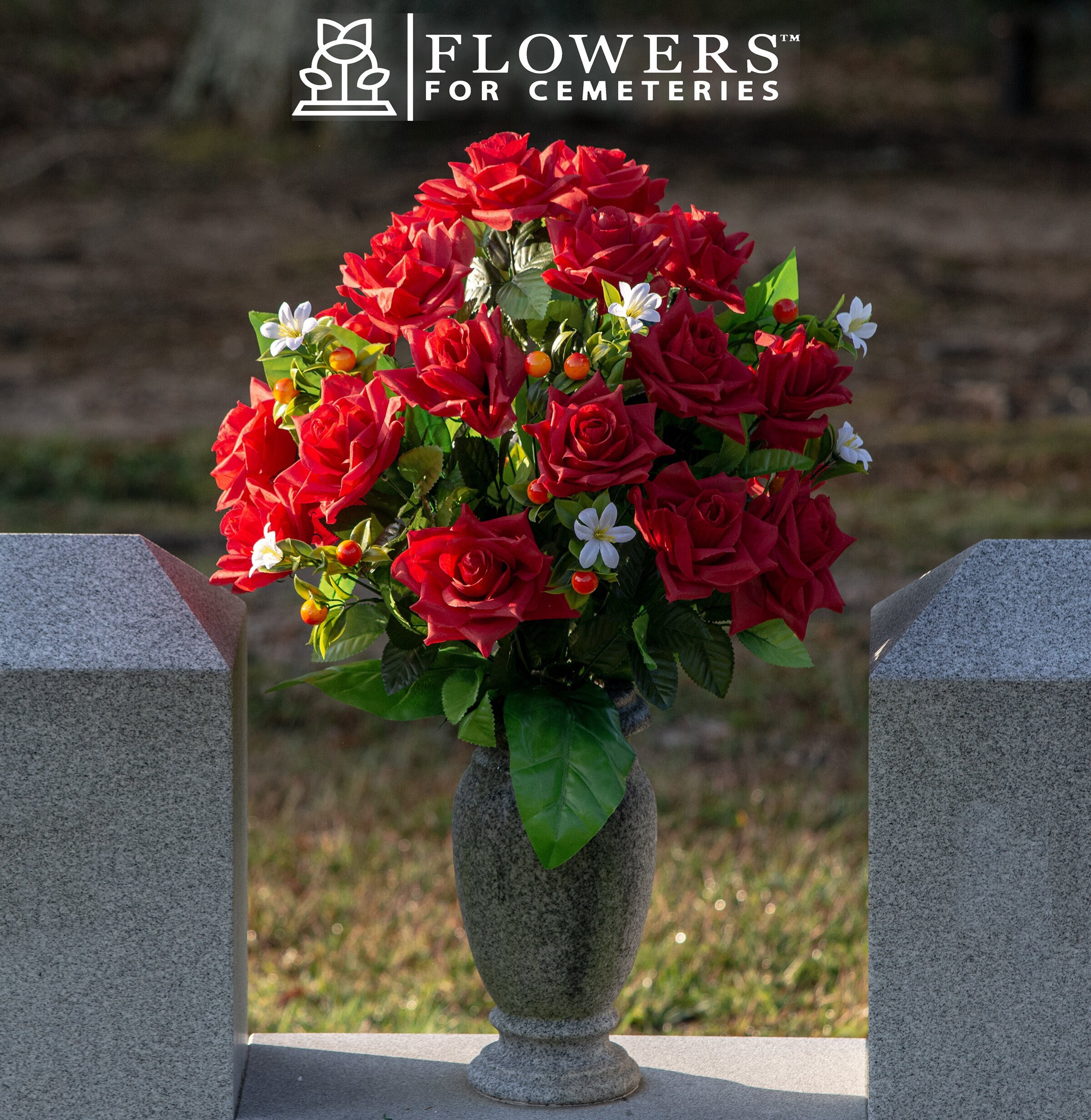 Sympathy Silks Artificial Cemetery Flowers Realistic Vibrant Roses,  Outdoor Grave Decorations Non-Bleed Colors, and Easy Fit Blue Mum and  Red