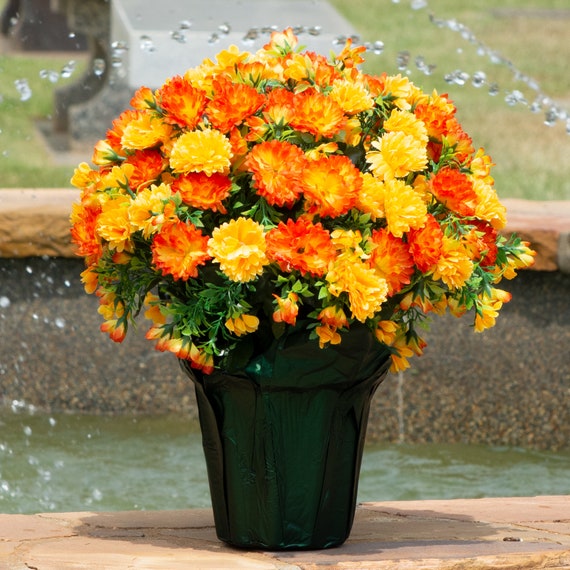 4 Pack of Artificial Fall Mums in Green Flower Pot Orange and