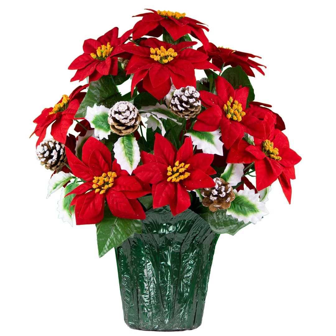 Red Poinsettia Frosted Pinecones Potted Silk Arrangement, Cemetery