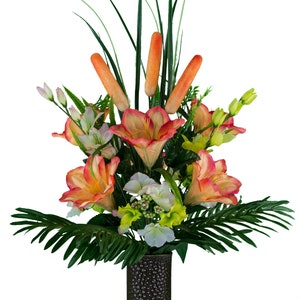 Coral Amaryllis and Orange Cattail Cemetery Vase Arrangement - Spring Cemetery Flowers (MD2385)