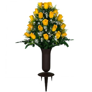 Rosas amarillas con flores de cementerio de aliento de bebé con jarrón de seda de condolencia - Flores artificiales para cementerio (1-MD1994/1-VA2850)