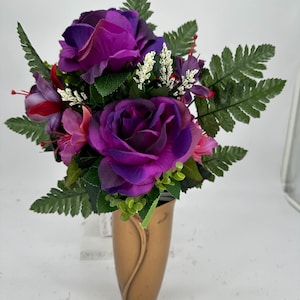 Purple Roses and Fuchsias  Mausoleum Cemetery Arrangement for Vase - Spring and Summer Flowers for Mausoleum Vase