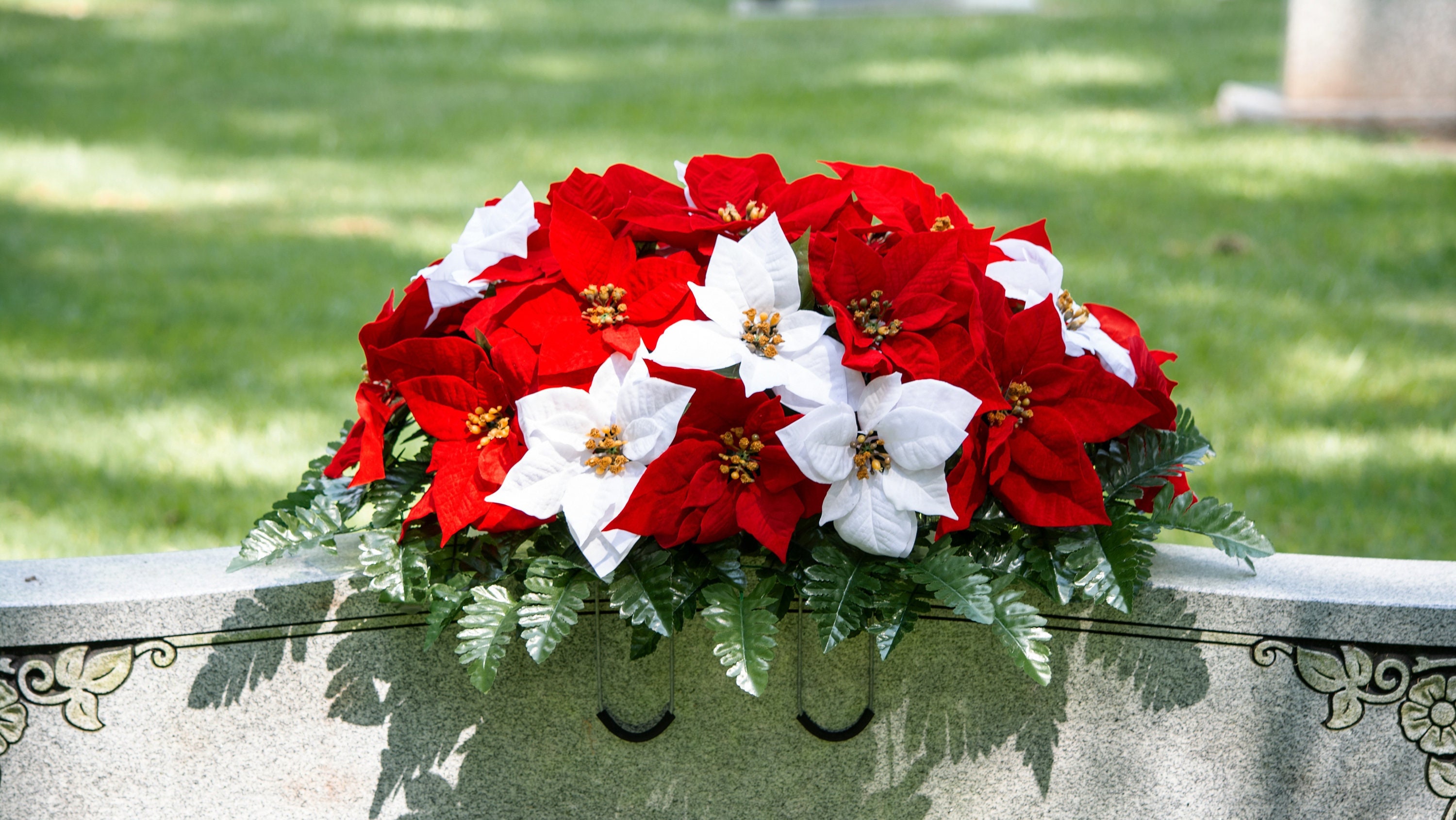Cemetery Saddle with Red and White Poinsettias  - Artificial Christmas Headstone Monument Saddle