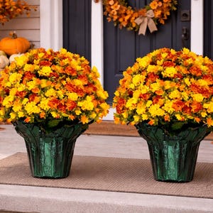 2 Pack - Artificial Orange and Yellow Garden Mums in a Weighted Green Flower Pot