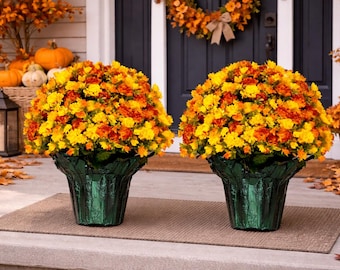 2 Pack - Artificial Orange and Yellow Garden Mums in a Weighted Green Flower Pot