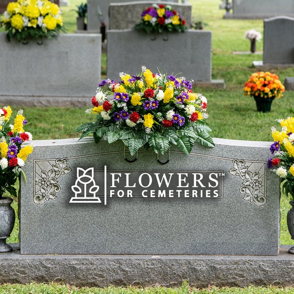 Spring Wildflower Cemetery Saddle - Red & Yellow Wildflowers for Cemetery Headstone - Artificial Cemetery Flower Set 1 Saddle and 2 Bouquets