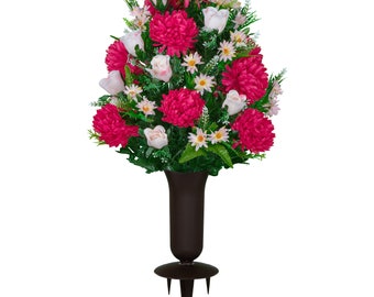 Beauty Pink Mums and Light Pink Roses Cemetery Flowers with Vase Included - Pink Cemetery Flower Arrangement