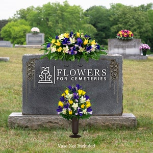 Yellow Tulips and Purple Iris Cemetery Saddle and Flower Arrangement Set - 1 Saddle and 1 Matching Artificial Arrangement