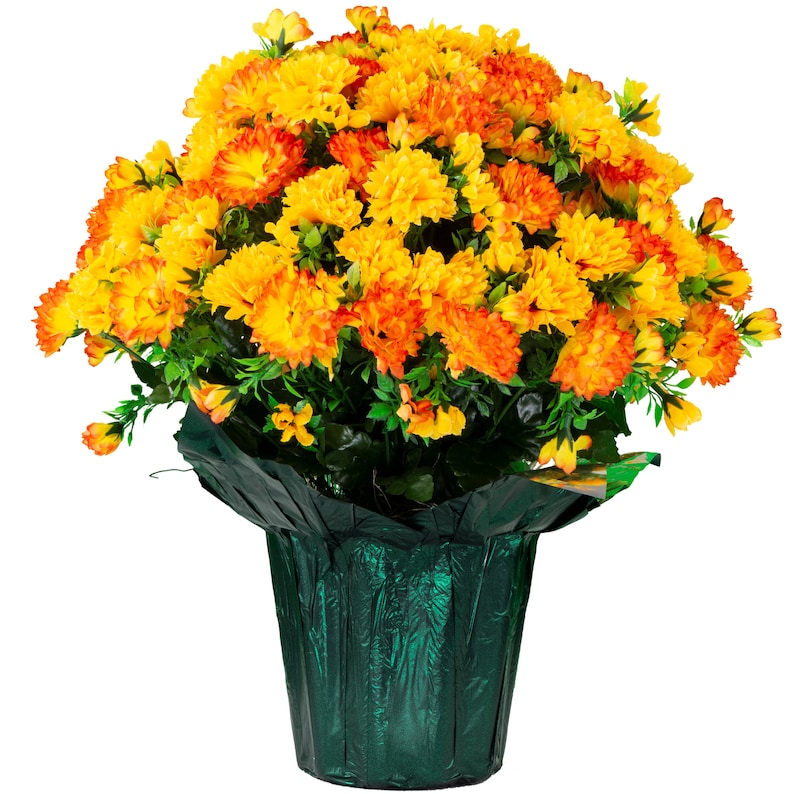 Artificial Fall Mums in Green Flower Pot Orange and Yellow Etsy