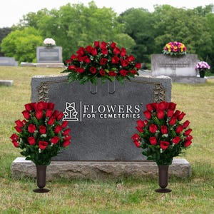 Red Rose Bud Cemetery Saddle and Flower Arrangement Set - Artificial Cemetery Flowers - 1 Saddle and 2 Vase Arrangements