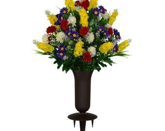 Yellow Purple and Red Wildflowers Cemetery Flowers with Sympathy Silks Vase - Artificial Flowers for Cemetery (1-MD2321_1-VA2850)