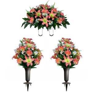 Peach Lilies, Carnations, and Daisies Cemetery Saddle and 2 Flower Arrangements with Vases Included
