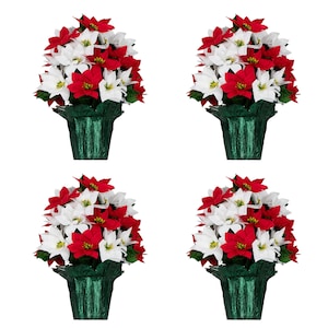 May include: Four potted poinsettia plants with red and white flowers. The plants are in green pots with a textured surface.