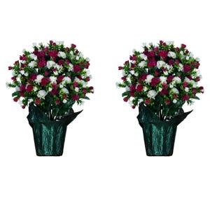 May include: Two artificial flower arrangements in green pots. Each arrangement features a mix of white and burgundy carnations.