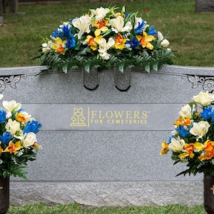 Blue and Yellow Cemetery Saddle and Flower Arrangement Set for Vases and Headstone - Cemetery Flowers - 1 Saddle and 2 Vase Arrangements