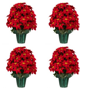 Set of 4 Large Red Poinsettia Potted Silk Arrangements  -Cemetery Flowers - Silk Flower Arrangement - Flower Pot - Winter (4PK-LP1916)
