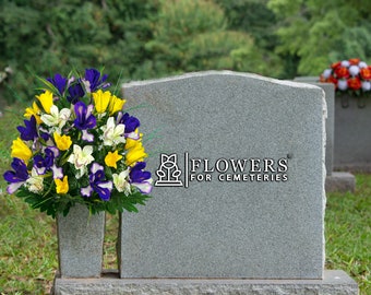 Yellow Tulips and Purple Iris Cemetery Flowers for Vase - Spring Artificial Flowers for Cemetery (MD2311)