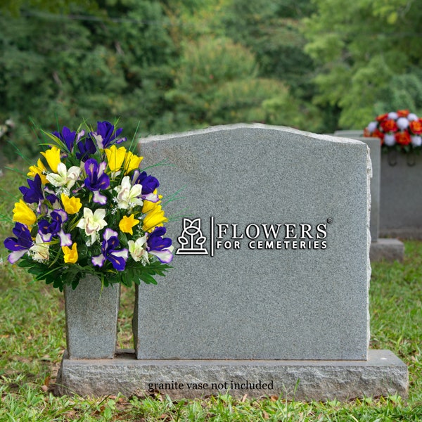 Yellow Tulips and Purple Iris Cemetery Flowers for Vase - Spring Artificial Flowers for Cemetery (MD2311)