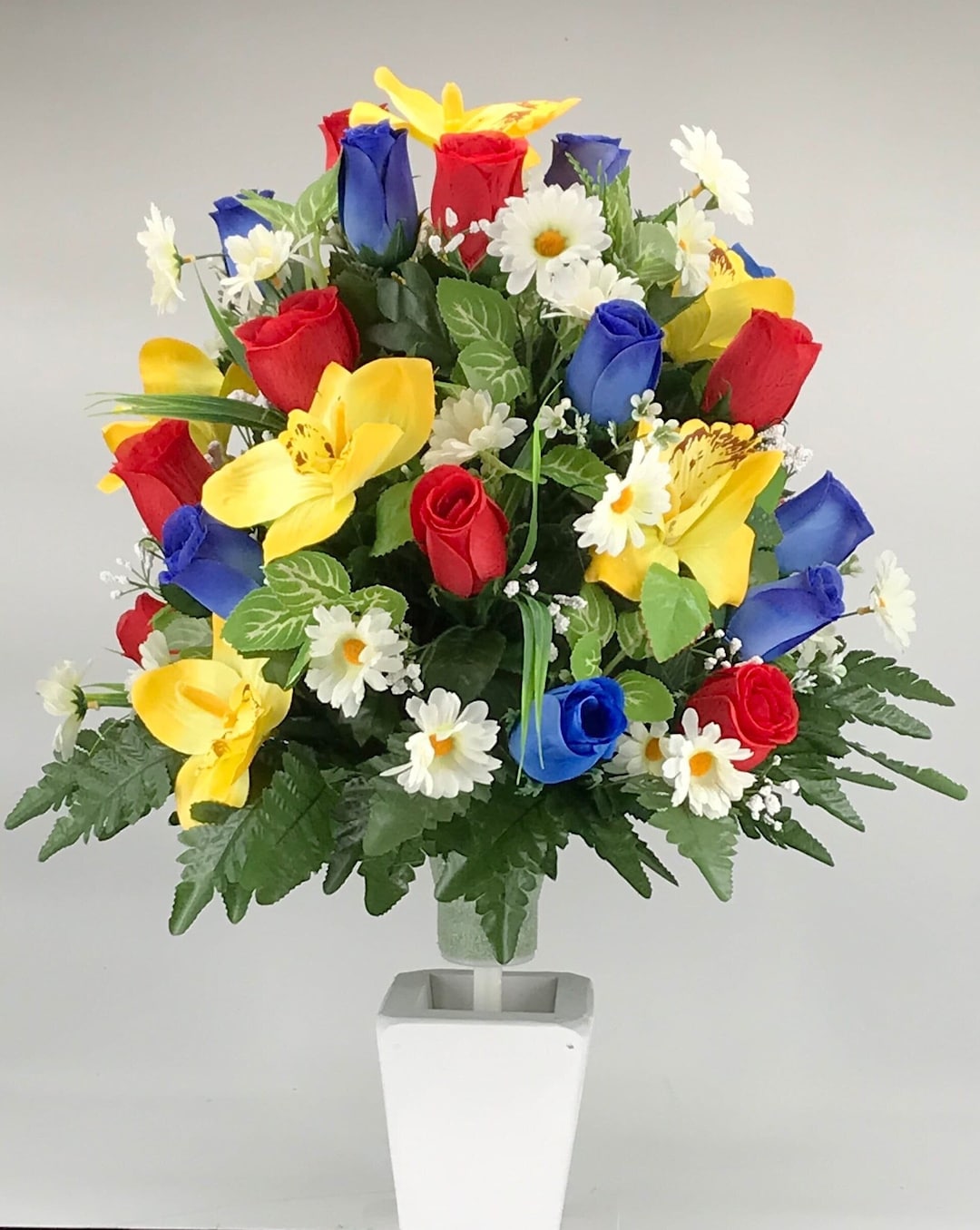 Red, Blue and Yellow Silk Flower Arrangement for Cemetery Vase Deluxe