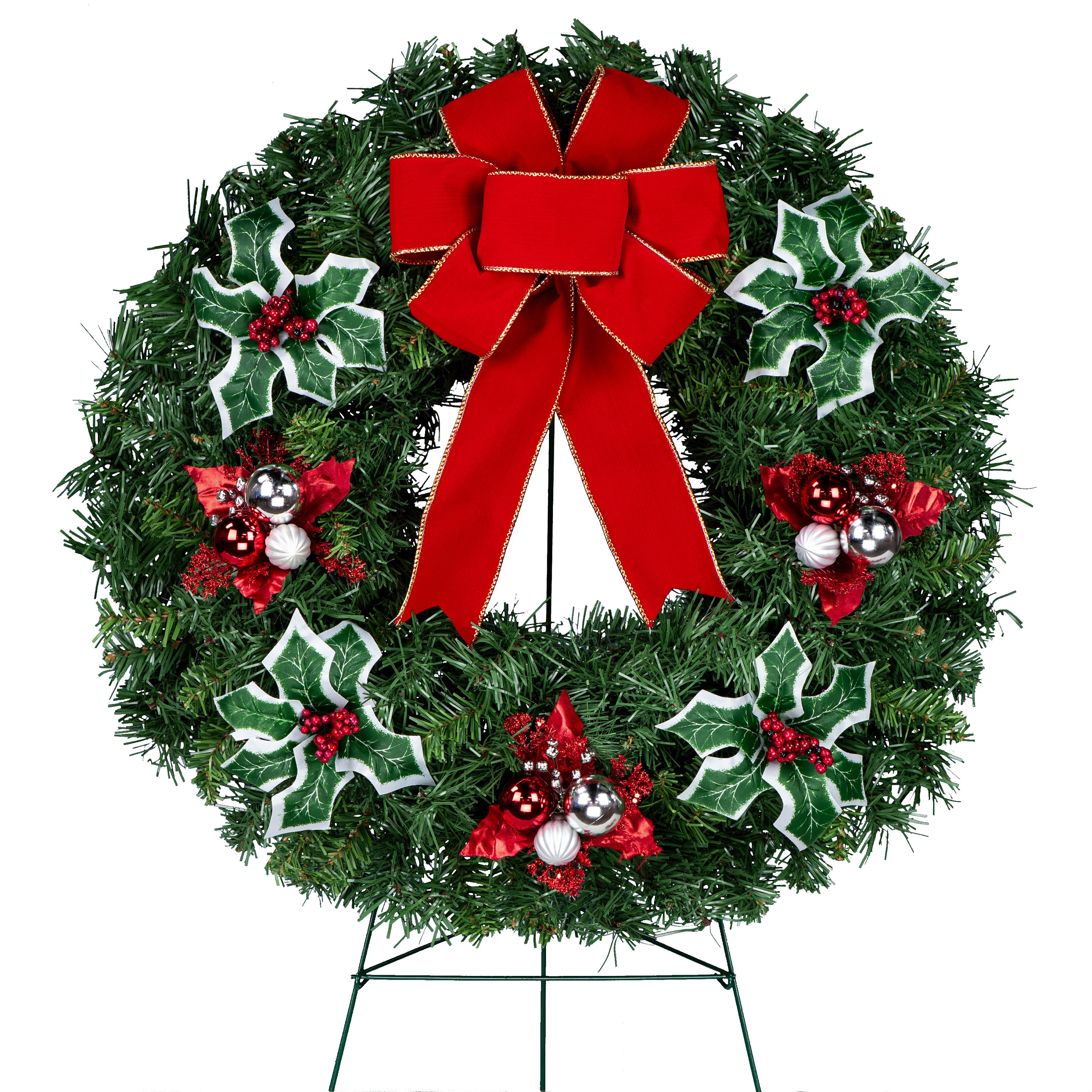 Christmas Red Ornaments With Velvet Bow Christmas Wreath on Easel Christmas Cemetery  Wreath With Tripod Metal Stand 