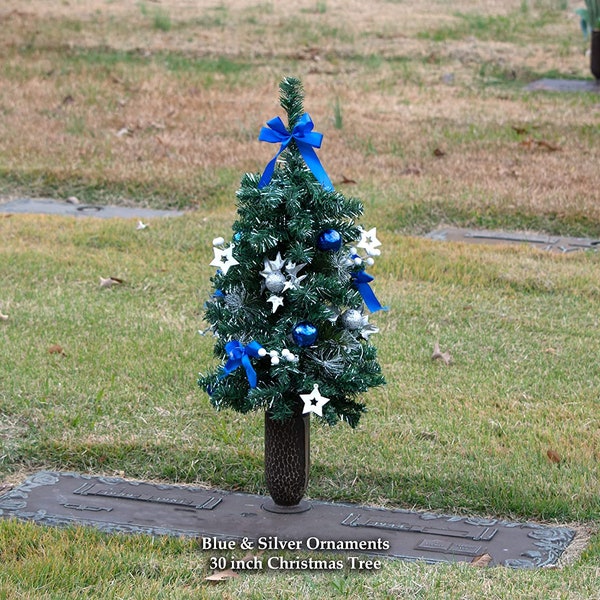 30 Inch tall Artificial Christmas Tree for Cemetery Vase  - Christmas Tree with Blue Bows and Silver Decorations for Cemeteries (TR2648)