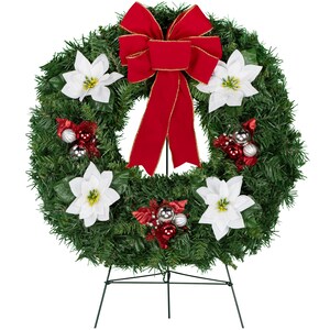 White Poinsettia Christmas Wreath With Red Velvet Bow on Easel - Etsy