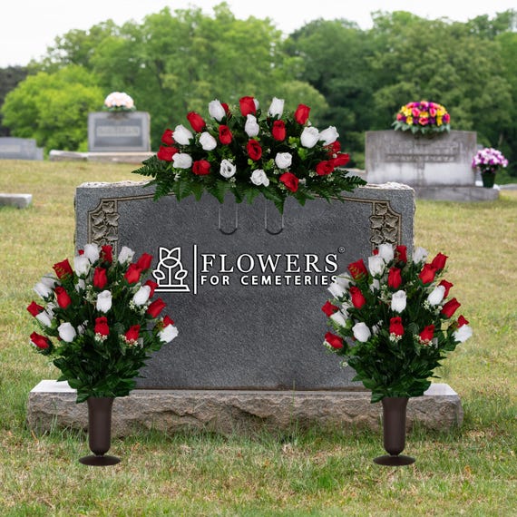 Artificial Red Rose Cemetery Flowers Set - 2 Bunches With Grave Markers & Foam For Memorial Decor