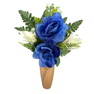 Blue Roses and White Calla Lilies Mausoleum Cemetery Arrangement for Vase - Christmas and Winter Flowers for Mausoleum Vase
