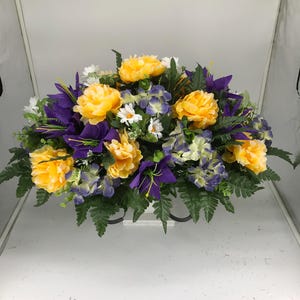 Yellow Peony and Purple Lily Cemetery Saddle - Summer Headstone Saddle - Flowers for Cemetery