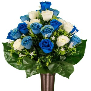 Blue and White Roses Mausoleum Cemetery Arrangement for Vase - Cemetery Flowers for Mausoleum Vase - Blue Crypt Flower Arrangement