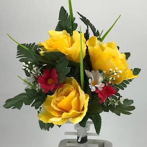 Yellow roses with pink and white daisies Mausoleum Cemetery Arrangement for Vase - Spring and Summer Flowers for Mausoleum Vase