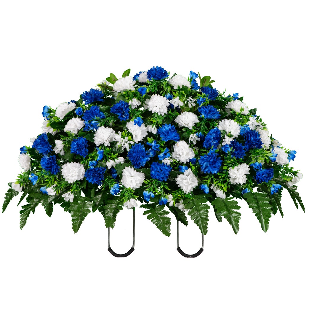 Blue and White Garden Mum Cemetery Saddle Artificial Mum Arrangement