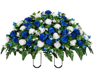 Blue and White Garden Mum Cemetery Saddle - Artificial Mum Arrangement for Headstone - Cemetery Flowers - Cemetery Saddle (SD2828)