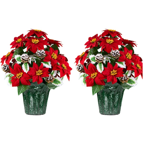 Set of 2 Red Poinsettia and Frosted Pine Cone Potted Silk Arrangement  -Cemetery Flowers in a Weighted Pot- Silk Flowers (2PK-PT2737)